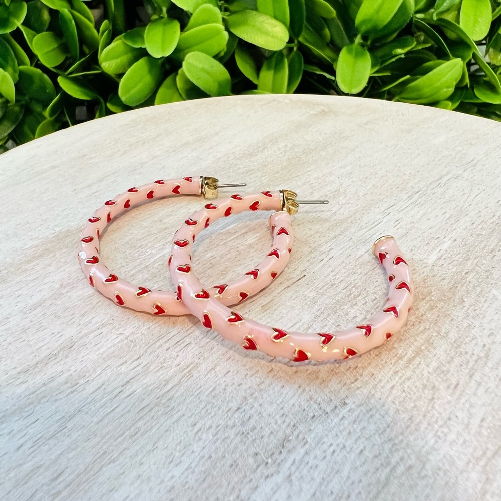 New Light Pink Enameled Hoop Earrings with Red Hearts | Boutique | Barbiecore